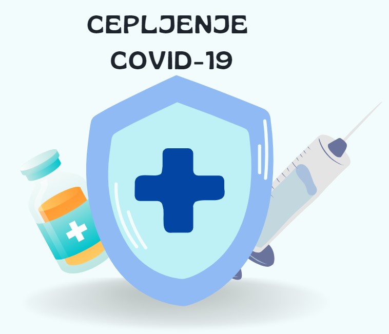 Ilustracija z zaščitnim ščitom, injekcijo in stekleničko z zdravilom ter napisom "Cepljenje Covid-19"