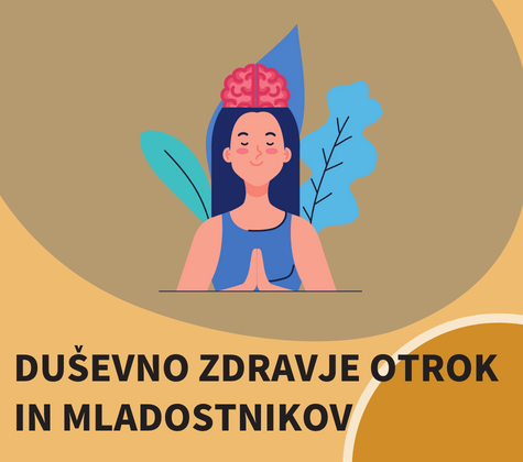 Ilustracija deklice v meditaciji z vidnim možganom in napisom »Duševno zdravje otrok in mladostnikov« na rjavkasto-oranžnem ozadju.