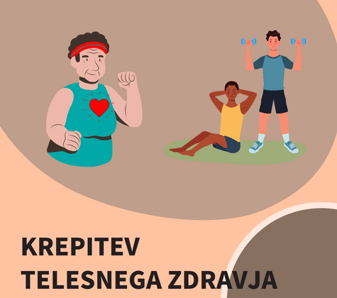 Ilustracija posameznikov pri telesni vadbi z napisom »Krepitev telesnega zdravja«.