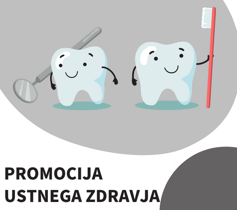 Dve nasmejani risani zobni ilustraciji – ena drži zobozdravstveno ogledalce, druga zobno ščetko; spodaj napis »Promocija ustnega zdravja«.